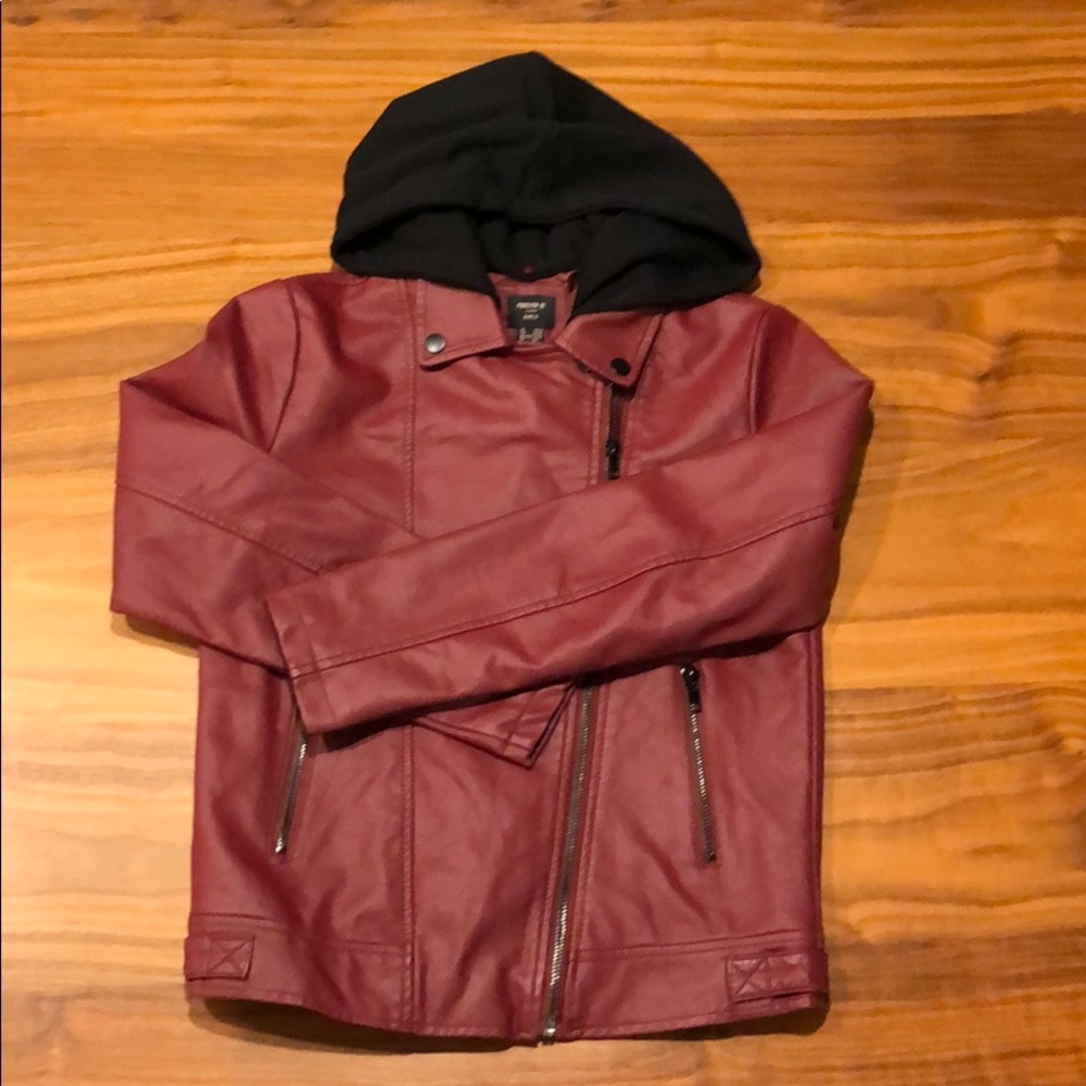 Forever 21 Faux Leather Jacket Hooded Maroon